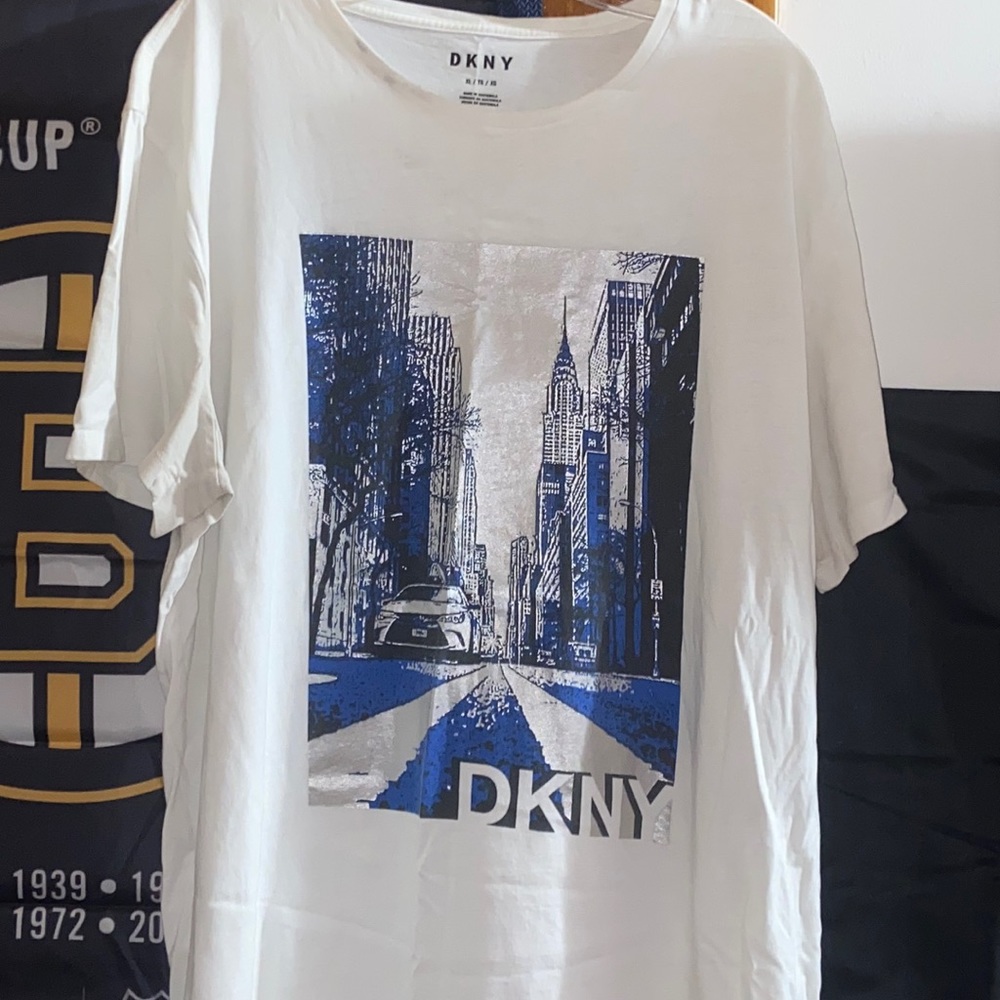 White with blue/gray artwork DKNY tee